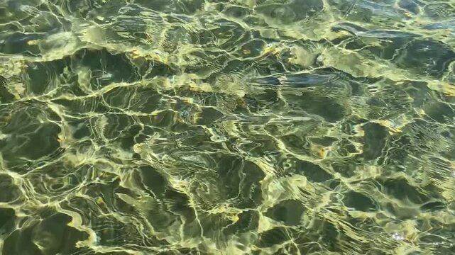 Beautiful sun reflection and light caustics on a sandy bottom through crystal clear turquoise sea water in Kato Gouves, Crete, Greece. Abstract moving water surface background