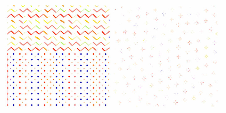 Colorful zigzag and scattered plus sign pattern on a white background