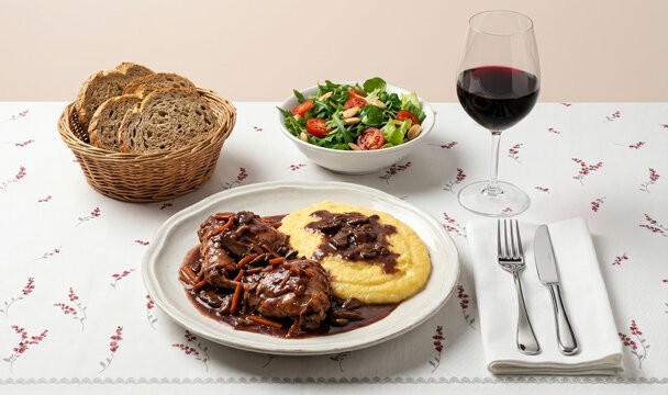 Traditional coniglio alla langarola served with creamy polenta, fresh salad, and a glass of red wine at a beautifully set table