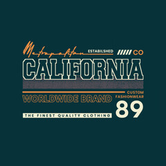 Obraz premium Vintage-inspired California T-shirt design featuring bold collegiate typography, worldwide brand graphics, custom fashionwear elements, and classic streetwear aesthetics with an established 1989 theme
