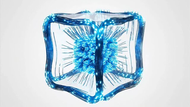 Futuristic glowing blue crystalline cube structure with a central energy core representing data transmission network nodes scientific discovery and abstract technological concepts for digital art. Fib