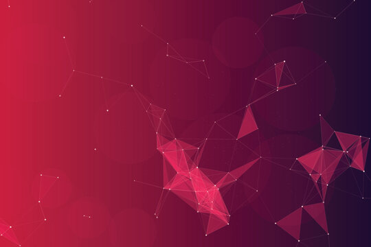 Abstract network of glowing white dots and pink polygons on a gradient background connection