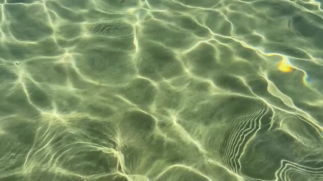 Beautiful sun reflection and light caustics on a sandy bottom through crystal clear turquoise sea water in Kato Gouves, Crete, Greece. Abstract moving water surface background