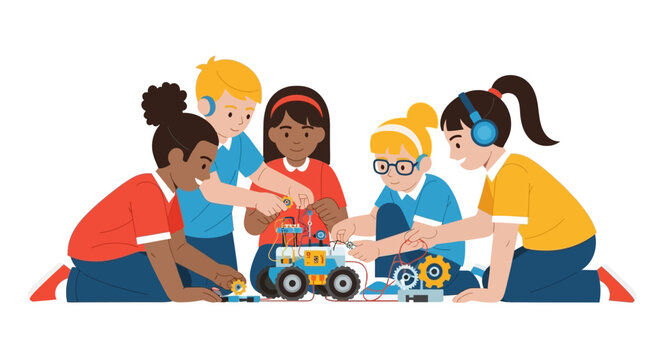 Diverse Group of Children Collaborating on a Robotics Project, Building a STEM Toy Robot Together, Education and Technology Illustration