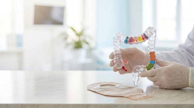 Clinician demonstrating transparent anatomical colon model beside ostomy pouch on clinic table, colorectal anatomy education, colostomy care and stoma support concept.