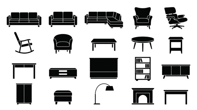 Living Room Furniture Silhouette Icons Set &mdash; Sofa, Armchair, Eames Lounge, Rocking Chair, Coffee Table, Bookcase, Credenza & Fireplace Black Flat Vector
