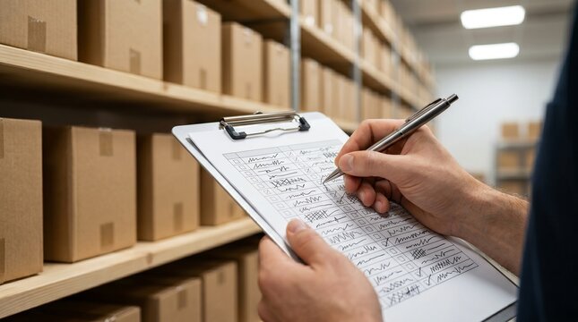 Inventory checking with clipboard, Small business stock control, Warehouse management at home, Checking product checklist