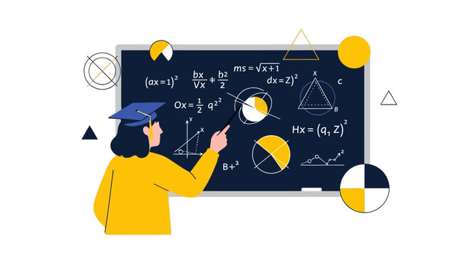 Female Student Pointing at Mathematical Formulas and Geometry on Blackboard Illustration