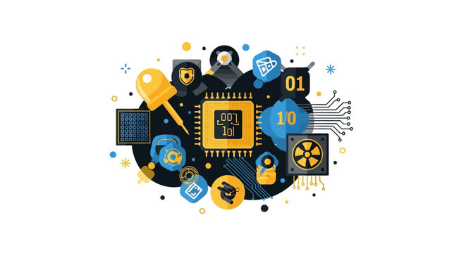 Abstract Technology and Computing Flat Illustration with CPU, Binary Code, Circuitry, and Cybersecurity Icons for Hardware Engineering and Data Processing Concepts