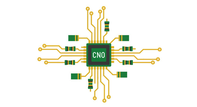 CNO Microchip CPU and Gold Circuit Board Illustration - Flat Vector Tech Design