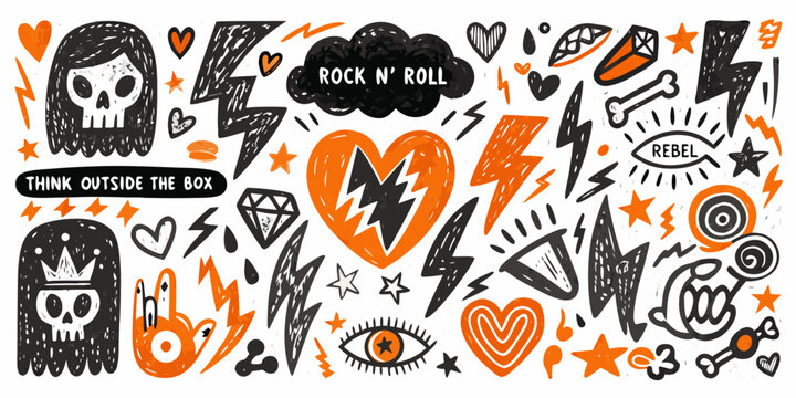 Punk Rock Doodle Pattern With Skulls Hearts And Lightning Bolts