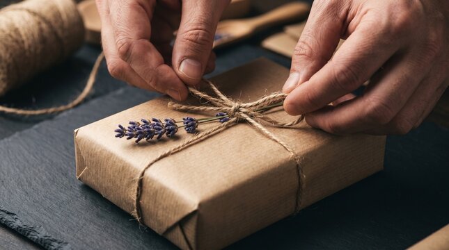 Wrapping artisan product package, Jute twine ribbon on box, Creative small business branding, Elegant order packaging close up