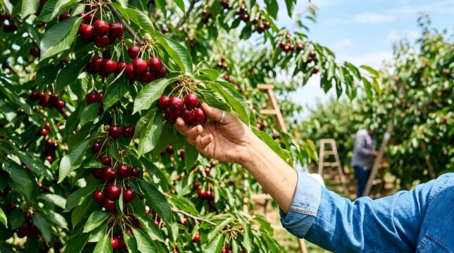 Hand picking ripe cherries from tree, organic orchard harvest, summer fruit picking