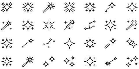 Obraz premium Set of linear spark and magic wand icons featuring stars constellations and glowing effects for art