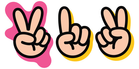 Fototapeta premium Cartoon hand gestures collection including peace and number one signs with colorful backgrounds