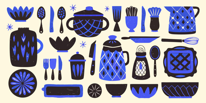 Blue and black kitchen utensil pattern stylized vector illustration