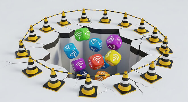 3D render of a dangerous sinkhole on road surface guarded by orange and white traffic cones with sinkhole underground construction accident infrastructure maintenance transport