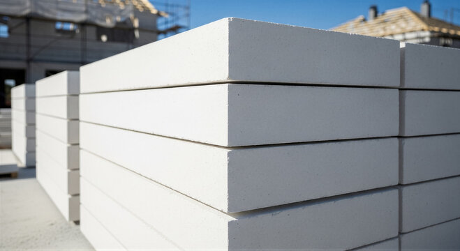 Stack of white aerated concrete blocks on a construction site with a house under construction in the background