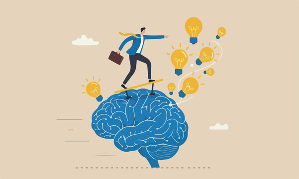 Brain intelligence creativity to control thinking process for new idea, smart or wisdom to brainstorm, imagination to success concept, businessman riding human brain with springboard