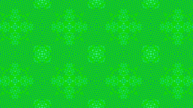 Symmetrical green dot pattern with decorative geometric shapes and circular motifs. Perfect for motion graphics, backgrounds, wallpapers, textiles, digital art, and creative designs.
