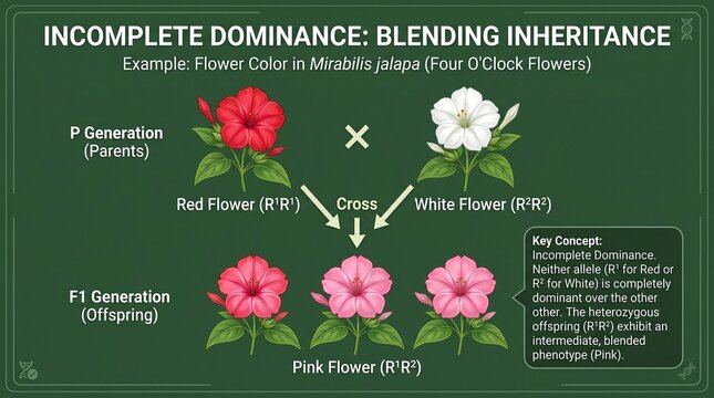 Incomplete Dominance Genetics Diagram with Pink and White Flowers on Green Background