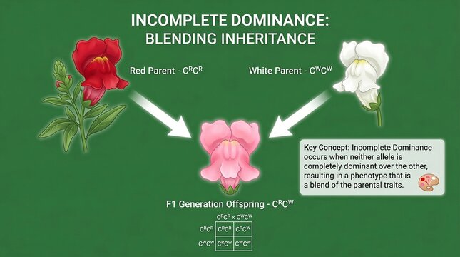 Incomplete Dominance Genetics Diagram with Red and White Rose Blending Inheritance Illustration
