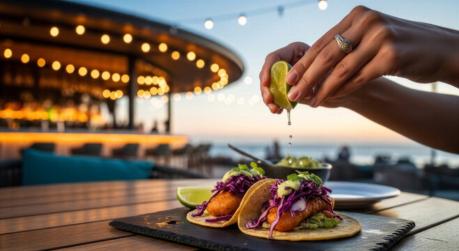 Closeup of a person squeezing a fresh lime wedge over delicious fish tacos at a beachside restaurant during sunset
