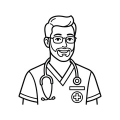 Fototapeta premium Doctor Portrait Illustration: A friendly male doctor with glasses and a stethoscope around his neck is illustrated in a clean, simple line art style, smiling confidently at the viewer.