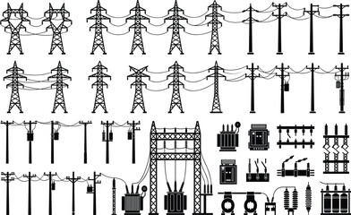 Obraz premium Collection of black and white vector illustrations depicting electricity transmission towers, utility poles, transformers, and substation equipment for power grid infrastructure