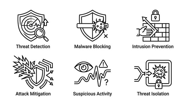 A cybersecurity concept illustration featuring six icons representing various security measures