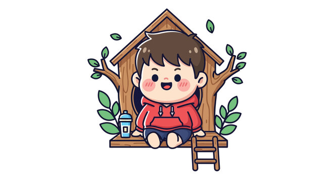 Cute cartoon boy sitting in small treehouse with drink.