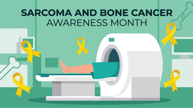 MRI scan of leg for Sarcoma and Bone Cancer Awareness Month in medical illustration style with green color scheme and ribbons for healthcare