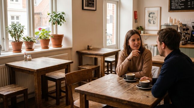 Two people enjoying coffee and conversation at a cozy cafe with wooden furniture and plants.
