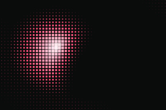 Glowing red halftone pixel square with bright center spot on dark background, grid dots