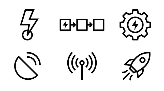 A monochrome graphic featuring six icons depicting a bolt with a circle, three connected boxes with arrows, a gear with a lightning bolt, 