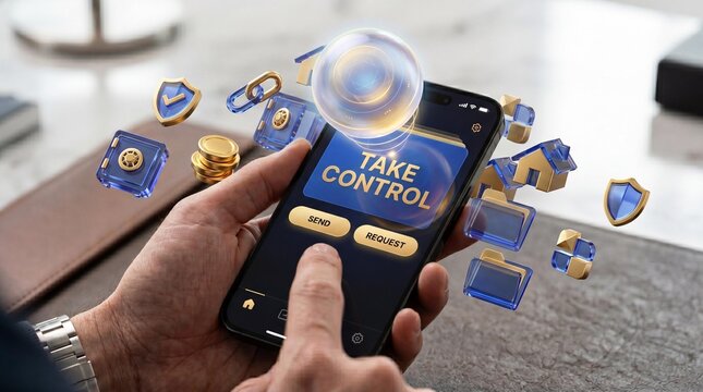 Person holding smartphone with 'take control' screen