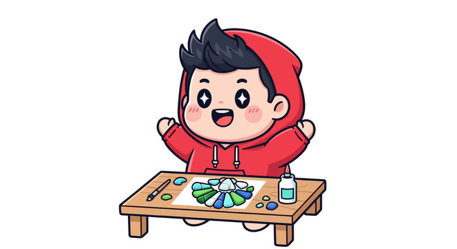 Happy cartoon character playing colorful board game indoors.
