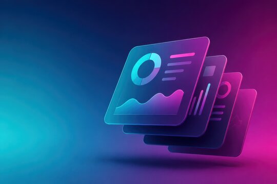 3D analytics dashboard cards on neon gradient background for business reporting