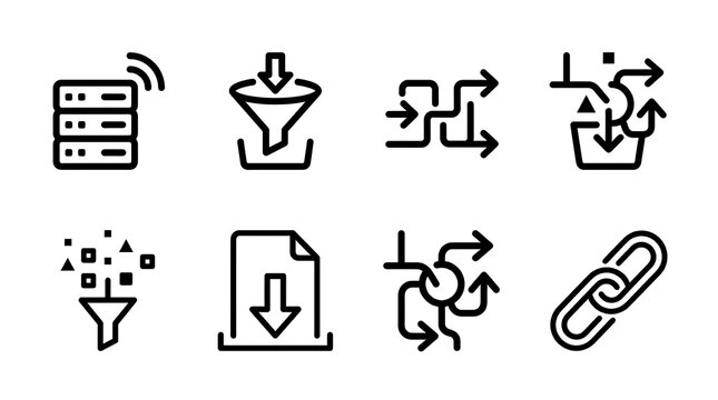 A set of eight black icons on a white background depicting various data and file management processes