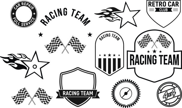 Vintage Racing Team Badge Collection Featuring Checkered Flags, Automotive Emblems and Motorsport Icons