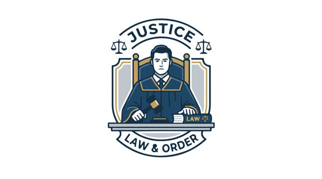 Professional judge icon featuring a gavel and law book emblem for legal services and courtroom branding in a minimalist vector style illustration design
