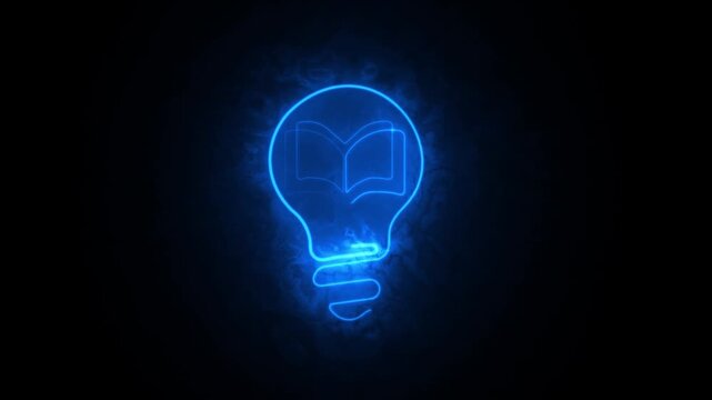 A minimalist continuous one-line drawing animation of an open book inside a glowing blue neon light bulb on a dark background.