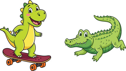 Naklejka premium Cute Cartoon Dinosaur Riding Skateboard and Realistic Green Crocodile, Vector Illustration Set of Animal Characters