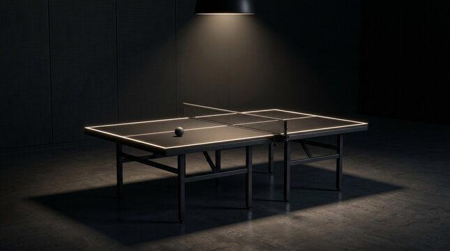 Modern ping pong table with glowing led edges in a dark room