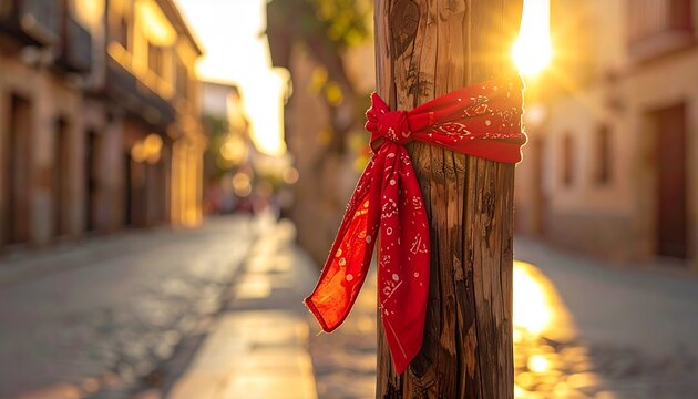 Vibrant red festival bandana tied around a wooden post at sunset for San Fermin celebration