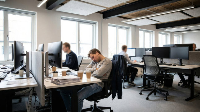 Exhausted office worker sleeping at desk in modern workplace during work hours