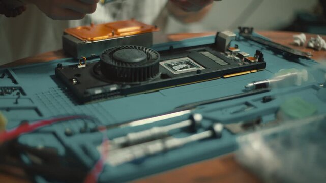 Technician applying thermal paste to graphics card processor