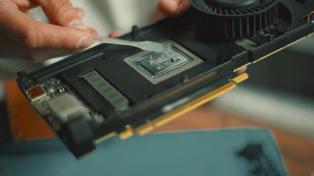 Technician applying thermal paste to gpu processor