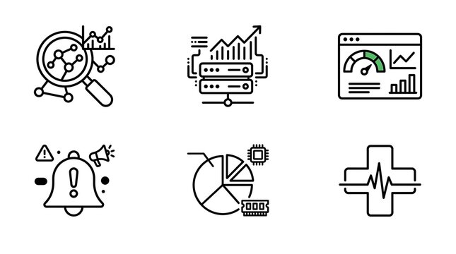 A set of six black line icons on a white background representing business and data analysis