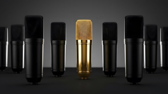 Single gold condenser microphone standing among group of matte black microphones.